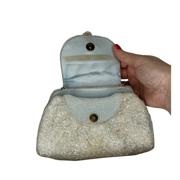 50's 60's  Vintage DeLill Beaded Evening Bag Iridescent White Purse Metal Strap - Picture 4 of 16